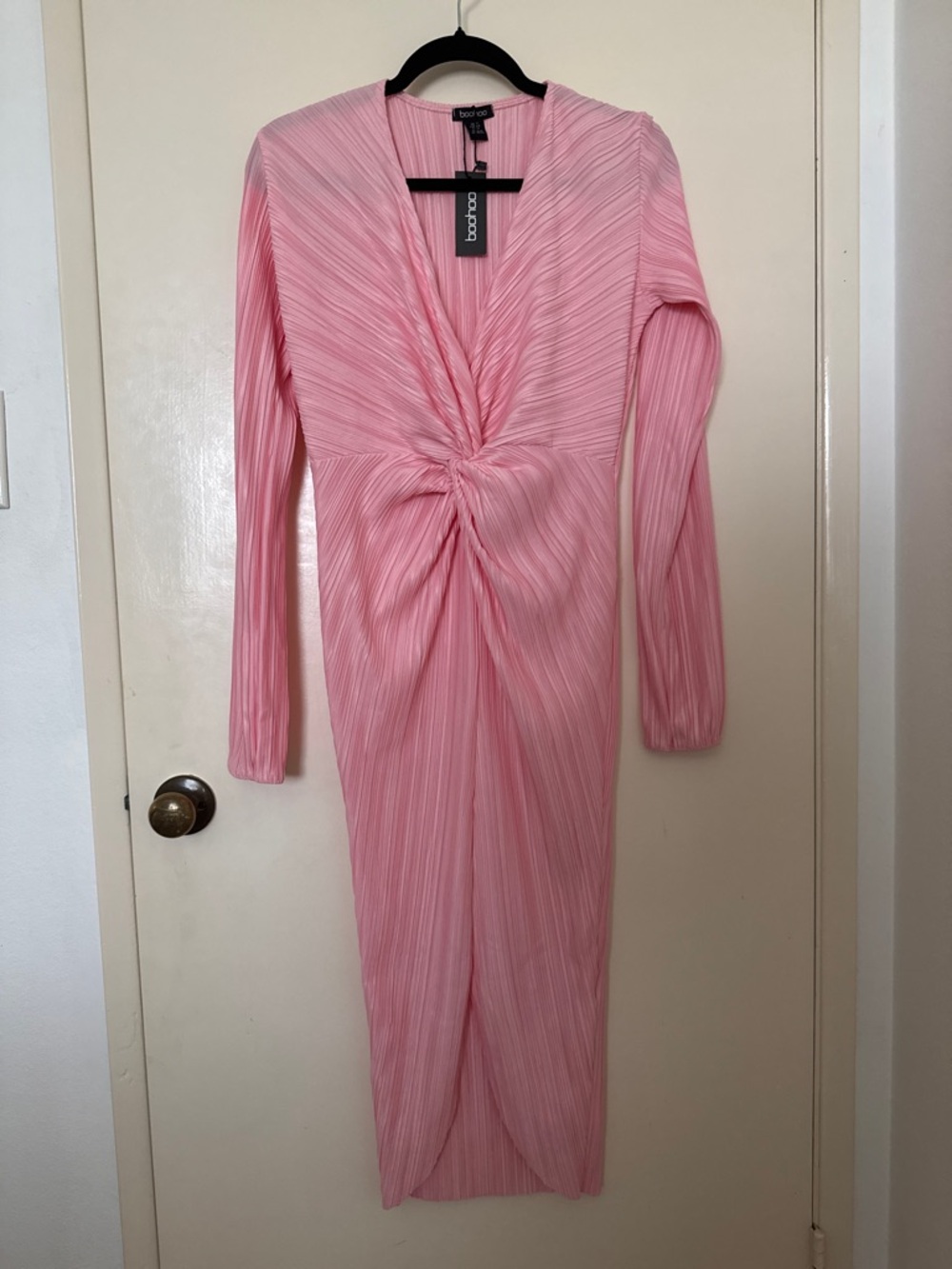 Boohoo plisse twist Long Sleeve Midi Dress blush pink size US 12